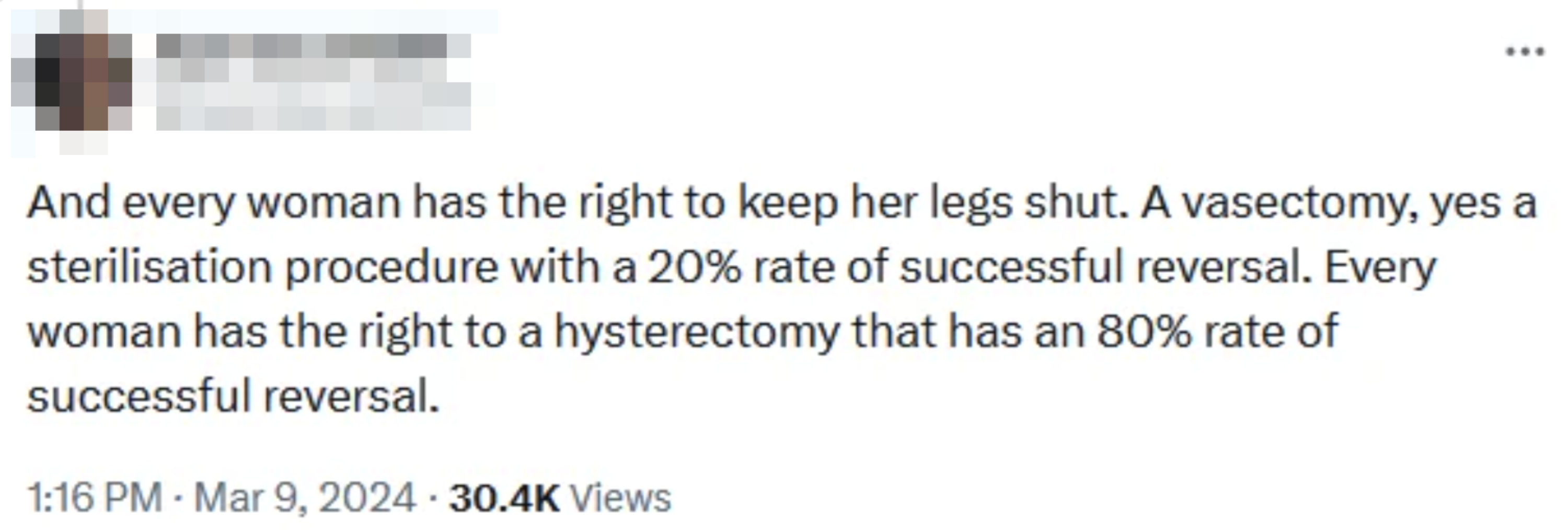 Tweet discussing women&#x27;s rights to vasectomy and hysterectomy with respective success reversal rates