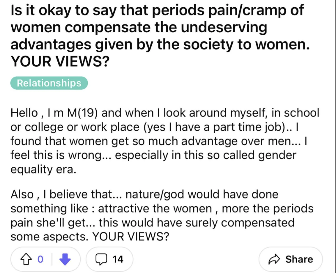 Text post questioning if society should compensate women for disadvantages of menstruation/pain, sharing personal views and seeking others&#x27; opinions