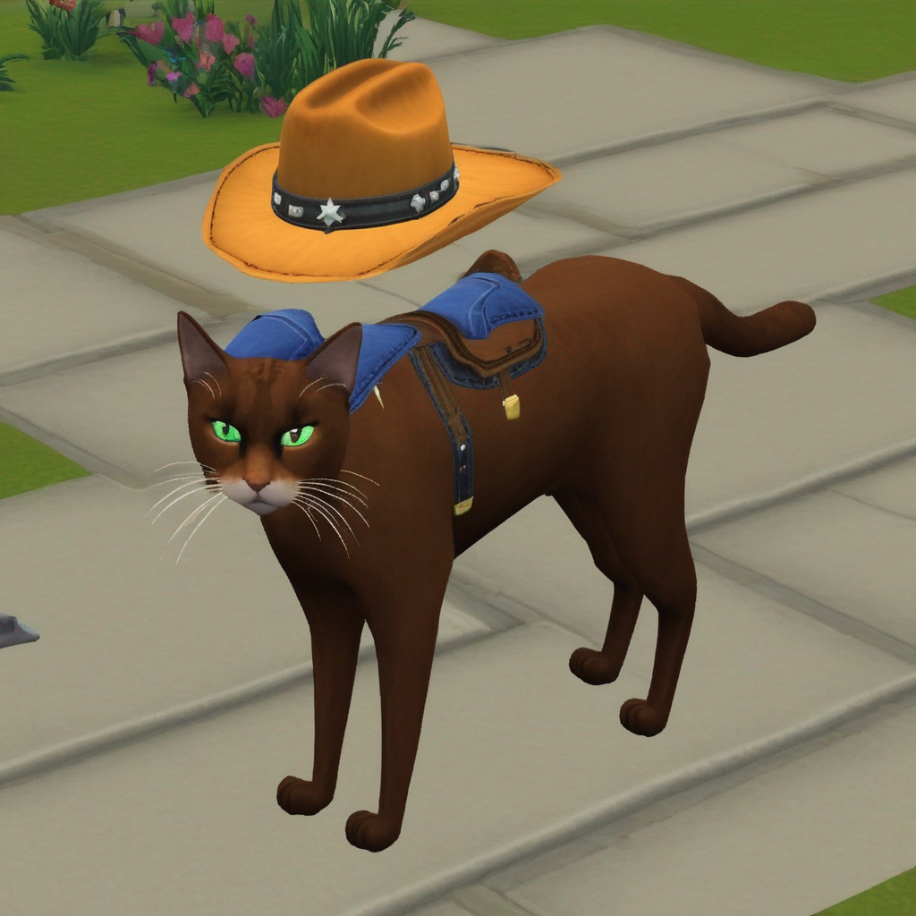 Cat wearing a cowboy hat and backpack in a virtual game setting