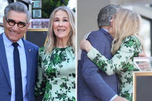 Eugene Levy and Catherine O'Hara smiling together, O'Hara in a floral dress; Levy and O'Hara embracing in the second photo