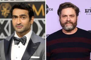 Kumail Nanjiani in a tuxedo with bow tie, and Zach Galifianakis in a striped sweater