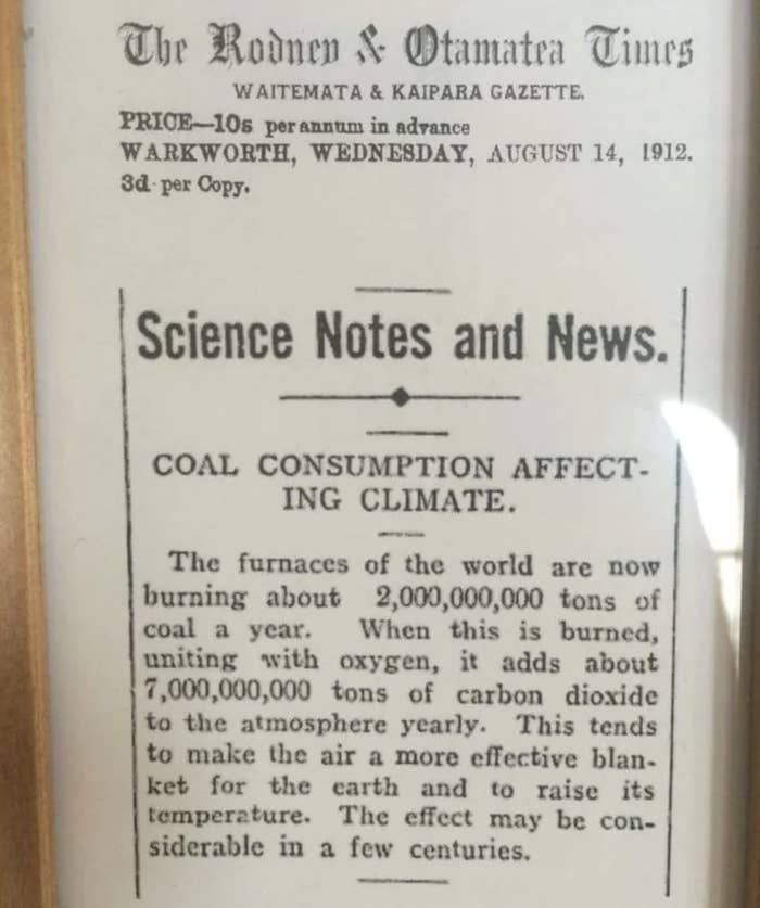 Article from Aug 14, 1912, with headline &quot;Coal Consumption Affecting Climate,&quot; says furnaces are burning about 2 billion tons of coal a year, adding about 7 billion tons of C02 to the atmosphere yearly