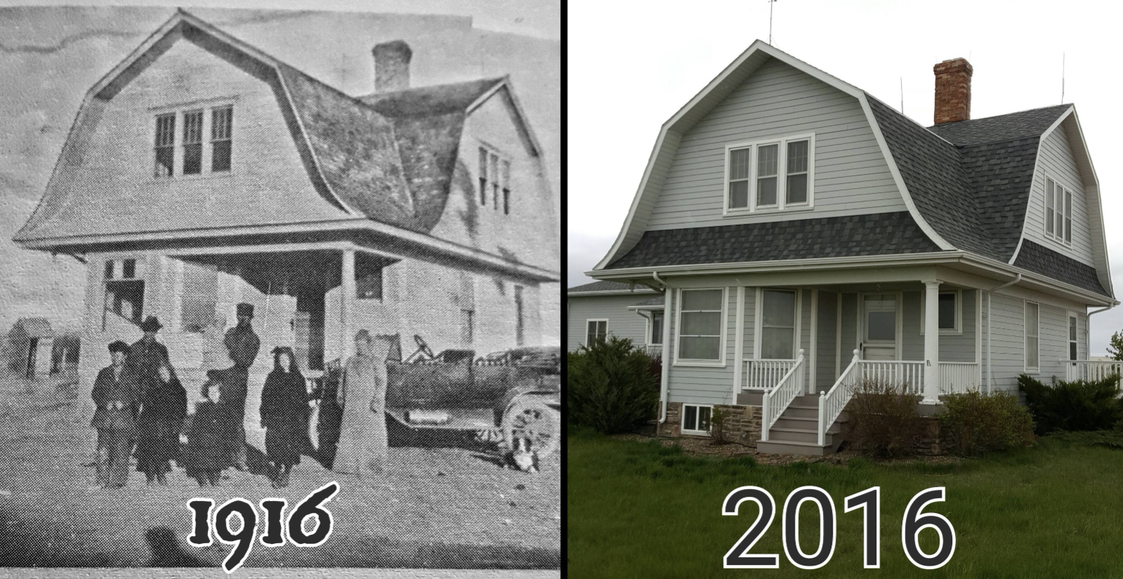 Side-by-side photo of a two-story house in 1916 with a family in front, and the same house in 2016, restored