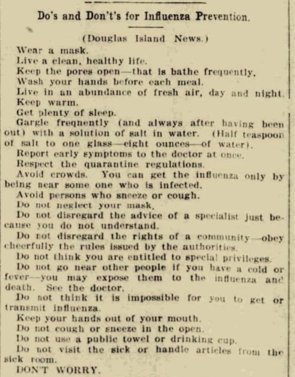 A vintage influenza prevention flyer with advice like wear masks, wash your hands before meals, keep your hands out of your mouth, observe quarantine regulations and avoid crowds, and get plenty of fresh air and sleep
