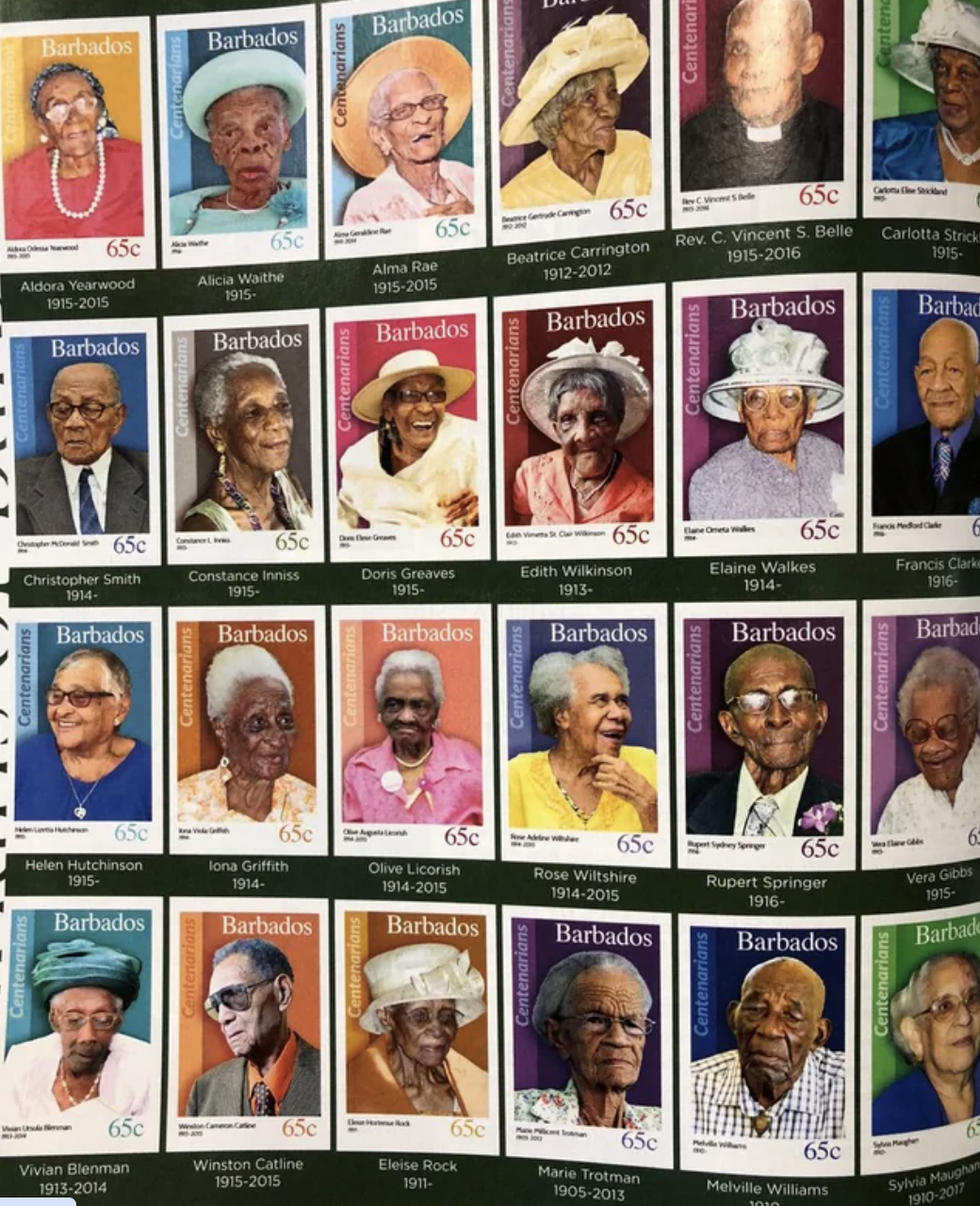 Four rows of 65-cent stamps featuring portraits of centenarians, most of them women