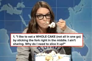 Woman eating cake with a quote about enjoying a whole cake without sharing