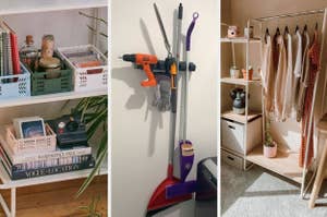 Three home organization ideas: tray for small items, wall-mounted tools, and clothes rack for tidy space