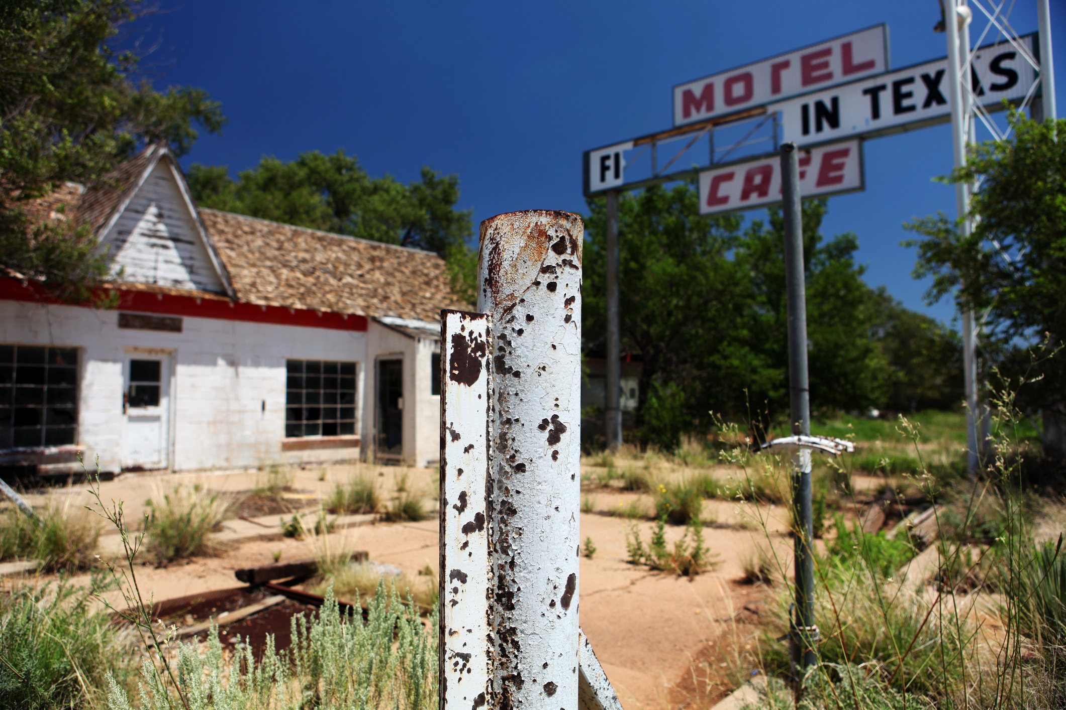 Abandoned roadside motel and cafe with weathered signs, overgrown with vegetation