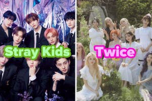 Grupos de K-pop Stray Kids y Twice posando; Stray Kids con trajes oscuros, Twice con vestidos blancos