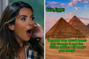 Kim Kardashian appears shocked in a scene; to the right is a photo of pyramids with superimposed text about Cairo
