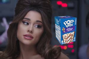 Ariana Grande with her hair done looking at a box of Pop-Tarts.