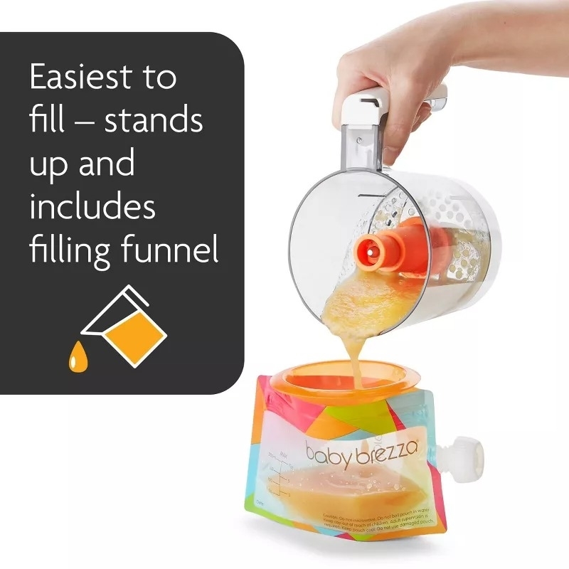Hand pouring liquid into Baby Brezza pouch with funnel; product allows convenient filling and storage