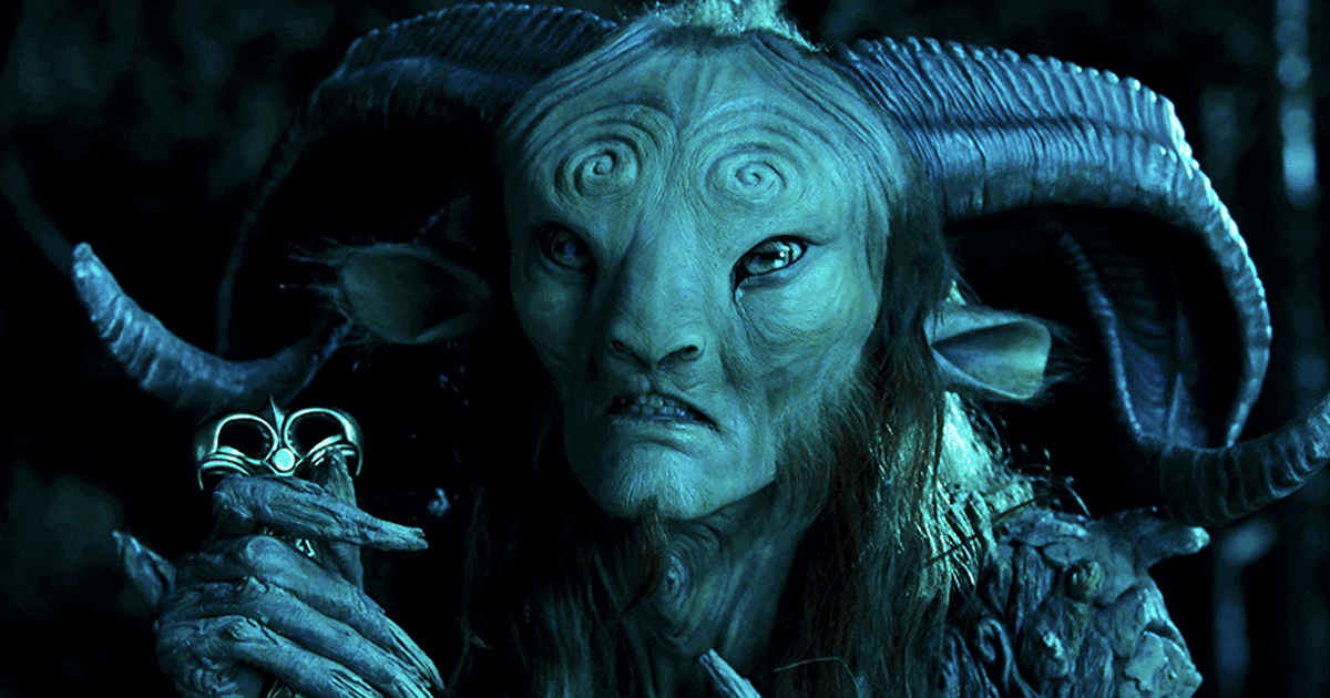 Character Faun from Pan&#x27;s Labyrinth holding a small hourglass, with intricate horned headpiece and intense gaze