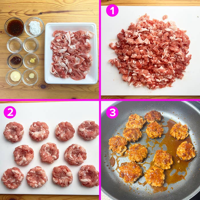 調理工程が示された4枚の写真、ひき肉と調味料からミートボールを作り、フライパンで調理している。