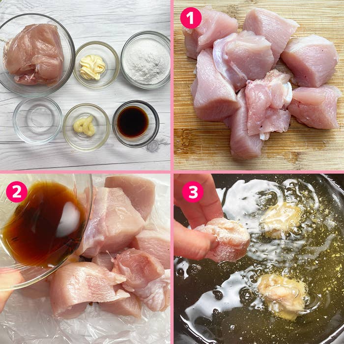 料理の手順を示す画像。上段左に材料、右に肉が切られている。下段左に調味料を注ぐ、右に肉が揚げられている。