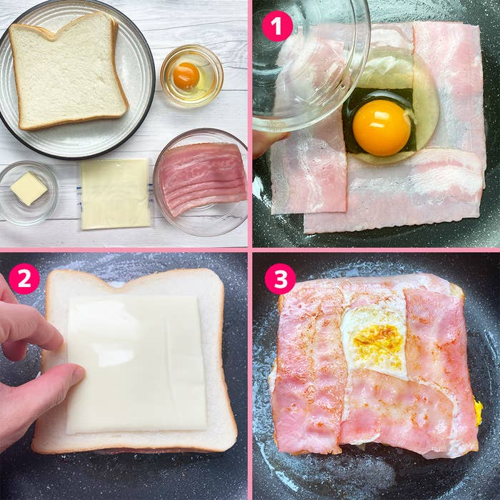 朝食の準備をする手順が描かれています。パン、ベーコン、チーズ、卵を使った料理法です。