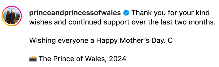 Social media post by the Prince of Wales expressing gratitude and Mother&#x27;s Day wishes, dated 2024