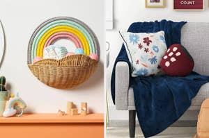 on left: rainbow arc basket shelf. on right: blue and red floral print pillowcase next to strawberry-shaped pillow