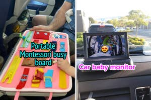 Split image: Left shows a portable Montessori busy board for children. Right displays a car baby monitor mounted on the dashboard