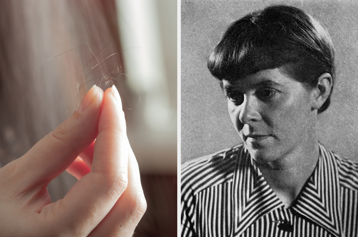 Person holding a spider, and a portrait of a woman with short hair in a striped outfit