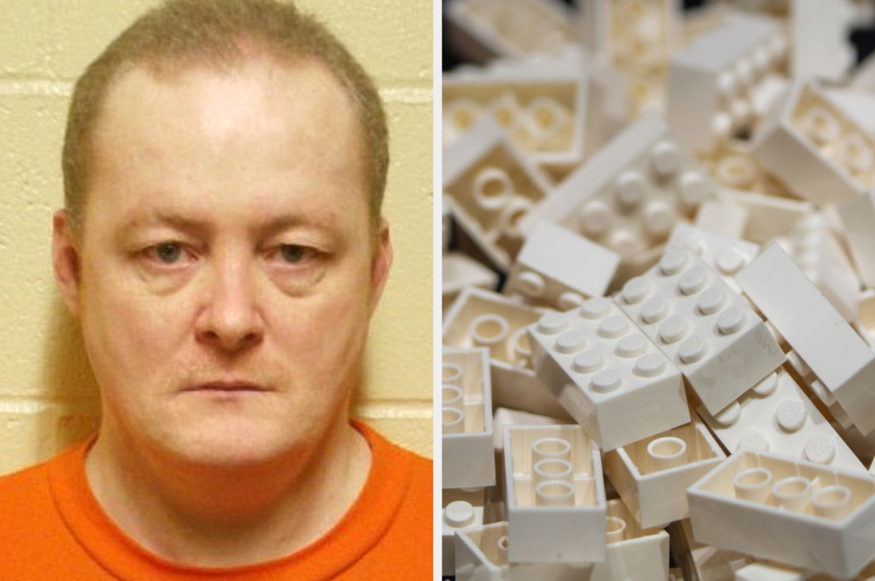 Person's mugshot next to scattered white Lego bricks; individual's expression is serious