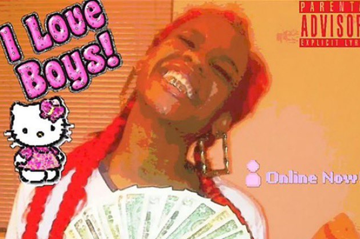 Album cover with text "I Love Boys!" and "Online Now!!", featuring a cartoon cat, and a person holding money, smiling