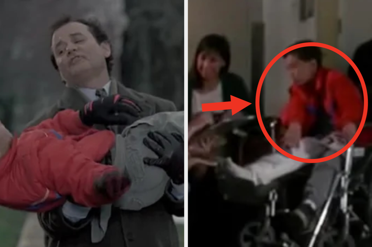 Two scenes from a film showing a man holding a dummy child and the child actor in a background shot