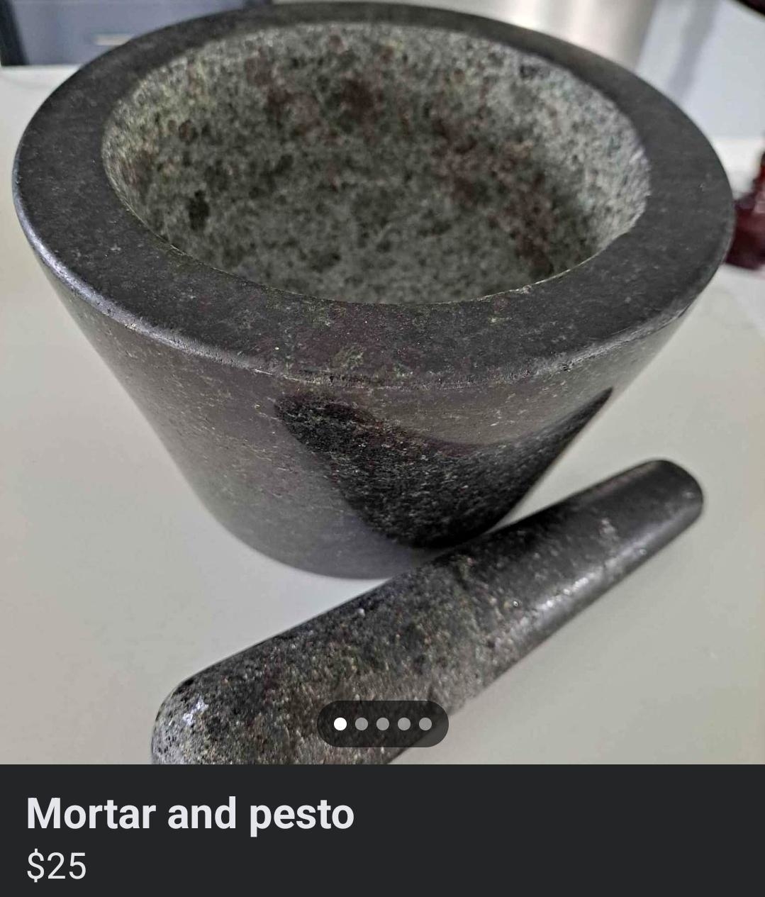 Mortar and pestle on a counter with price label, titled &quot;Mortar and pesto&quot; for $25
