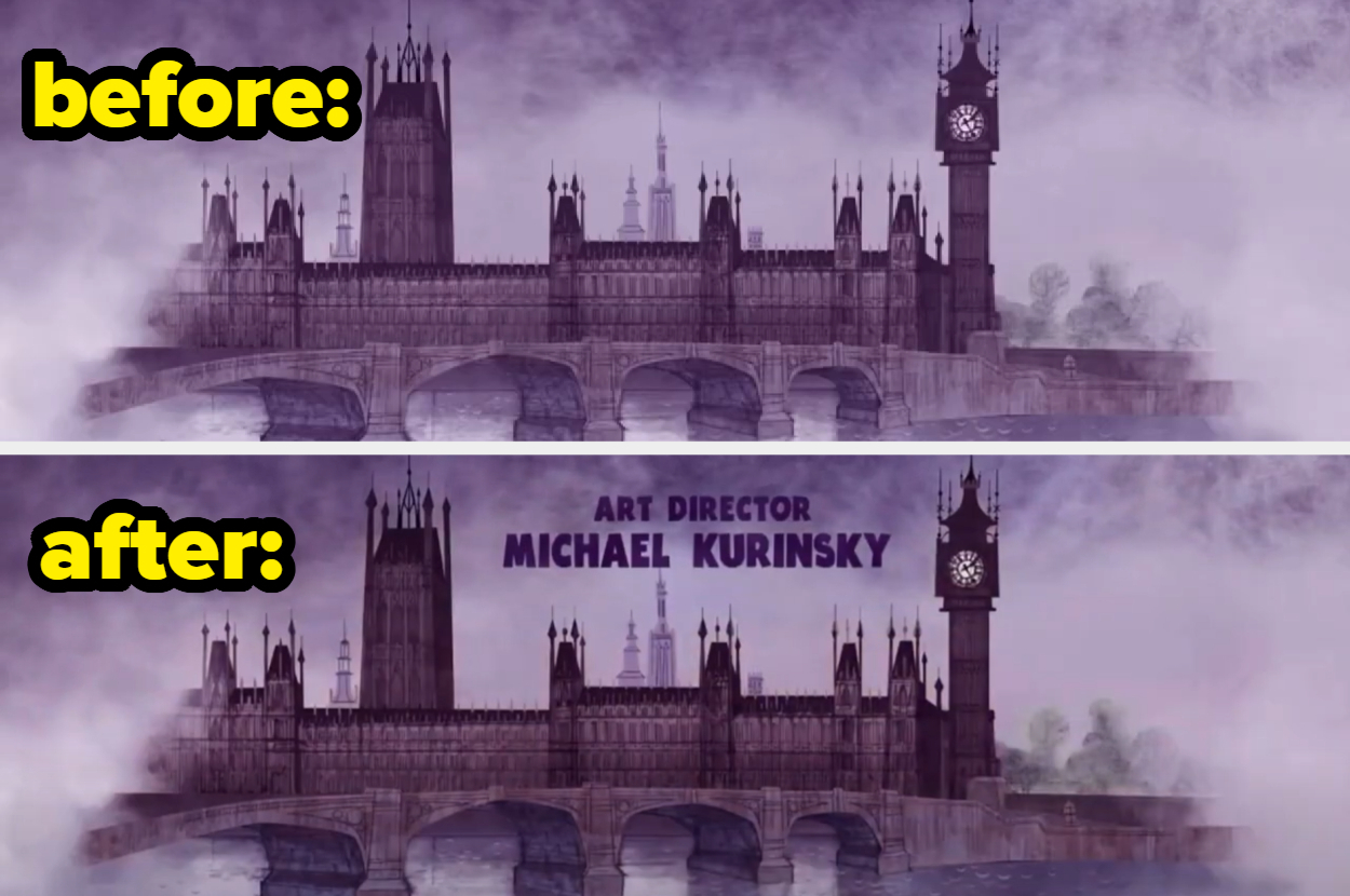 Before and after shots of an animated castle, showcasing visual effects with credits for Art Director Michael Kurinsky