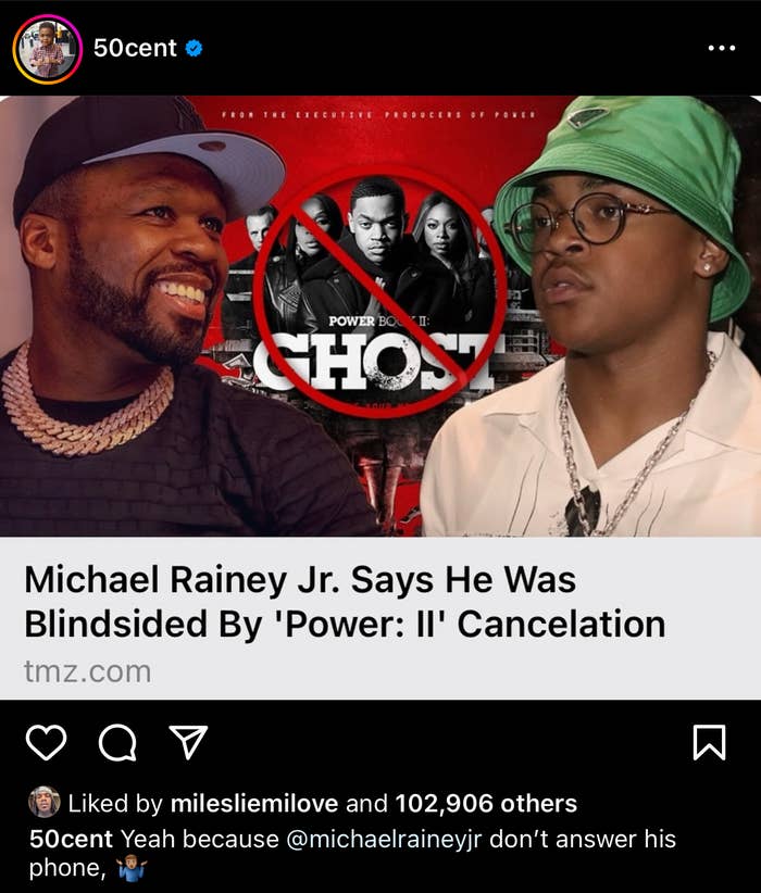50 Cent and Michael Rainey Jr. smiling, dressed casually; screenshot includes &#x27;Power II&#x27; cancellation headline
