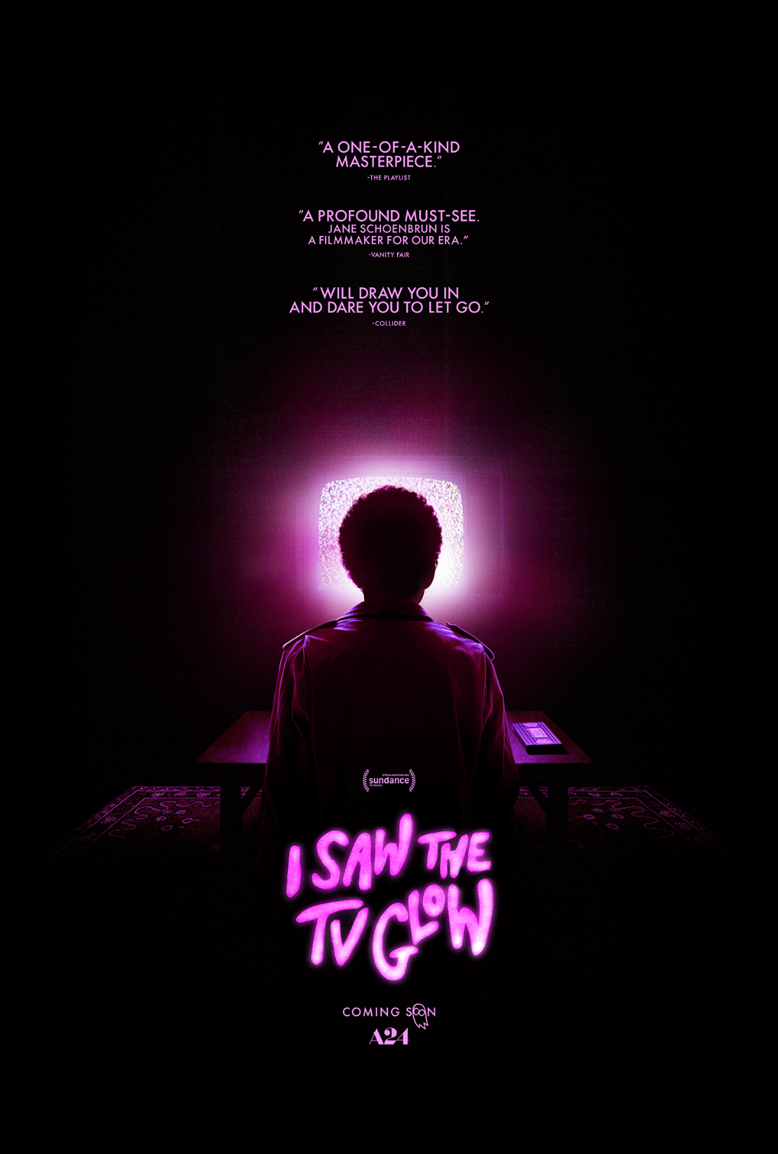 Movie poster featuring a silhouette of a person sitting, facing a glowing screen, with the title &quot;I Saw The TV Glow&quot;