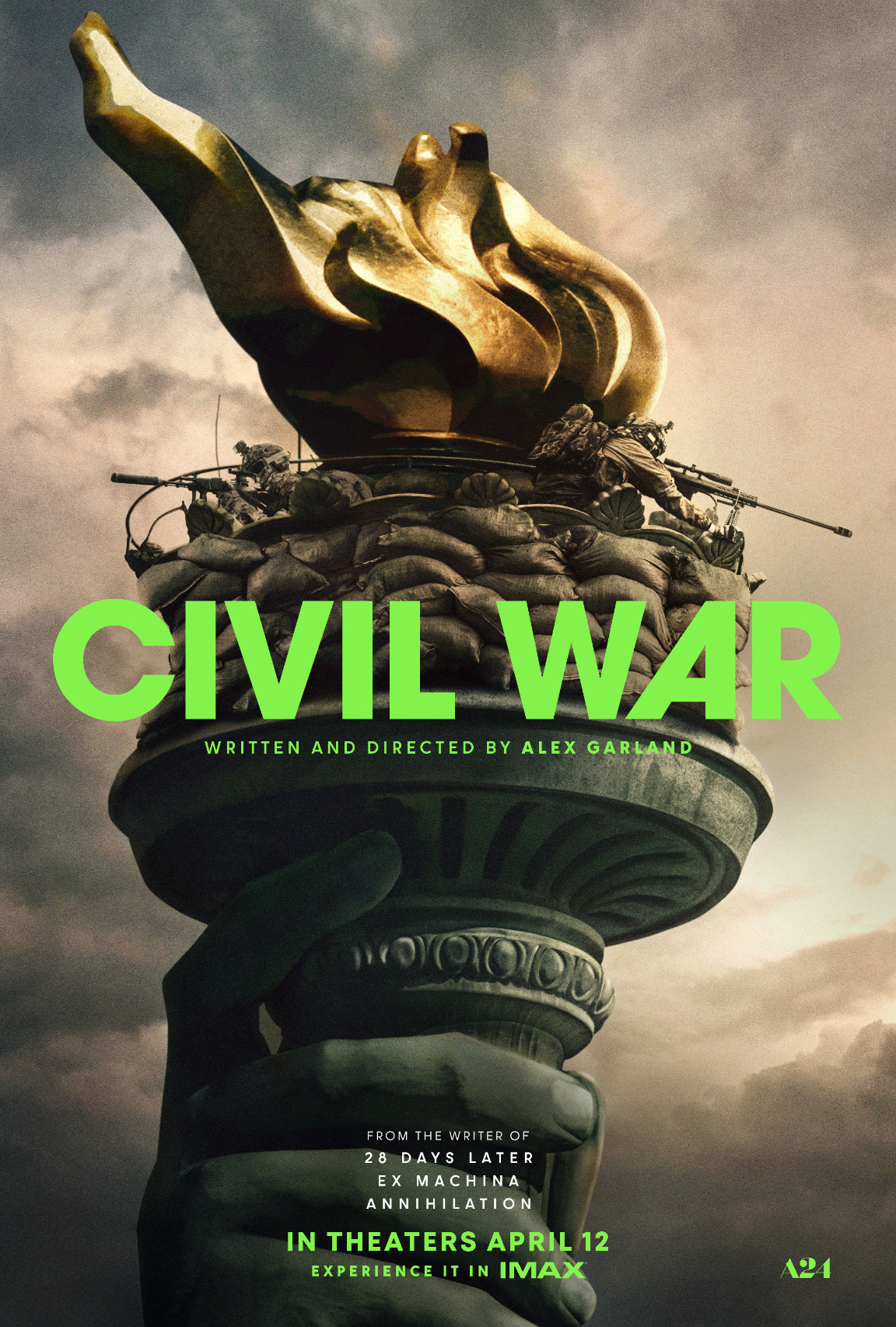 Movie poster for &quot;Civil War,&quot; depicting a statue with snakes, written/directed by Alex Garland, IMAX release soon