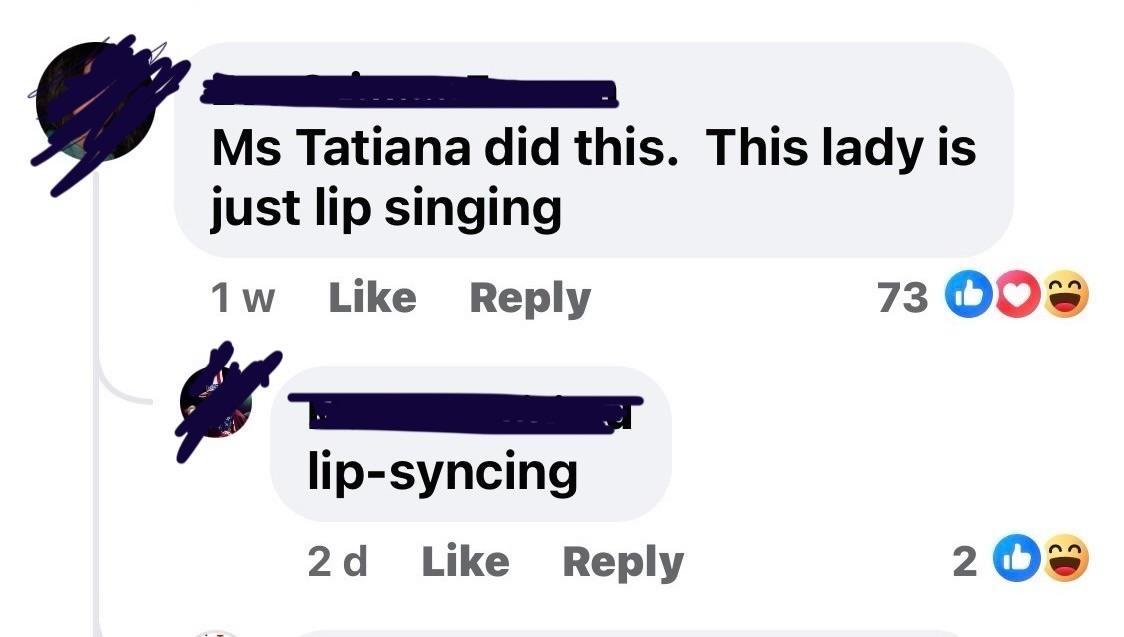 &quot;Ms Tatiana did this; this lady is just lip singing&quot;