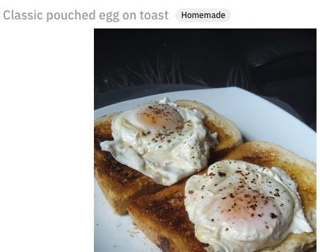 Two poached eggs on slices of toast, seasoned with pepper, on a plate, with text: &quot;Classic pouched egg on toast&quot;