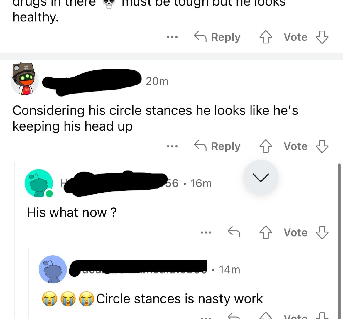 A screenshot of a social media conversation about someone&#x27;s resilience in a situation and text including. &quot;Considering his circle stances he looks like he&#x27;s keeping his head up&quot;