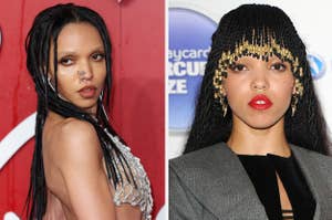Two side-by-side images of FKA Twigs in different outfits; left with a sheer dress, right in a formal suit