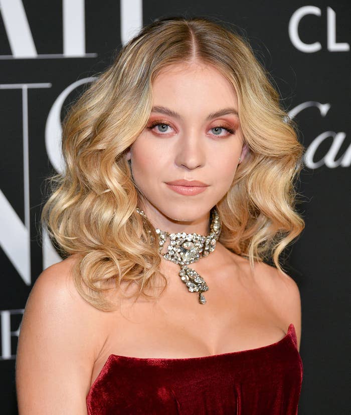 Sydney Sweeney in a velvet strapless dress with a sparkling necklace