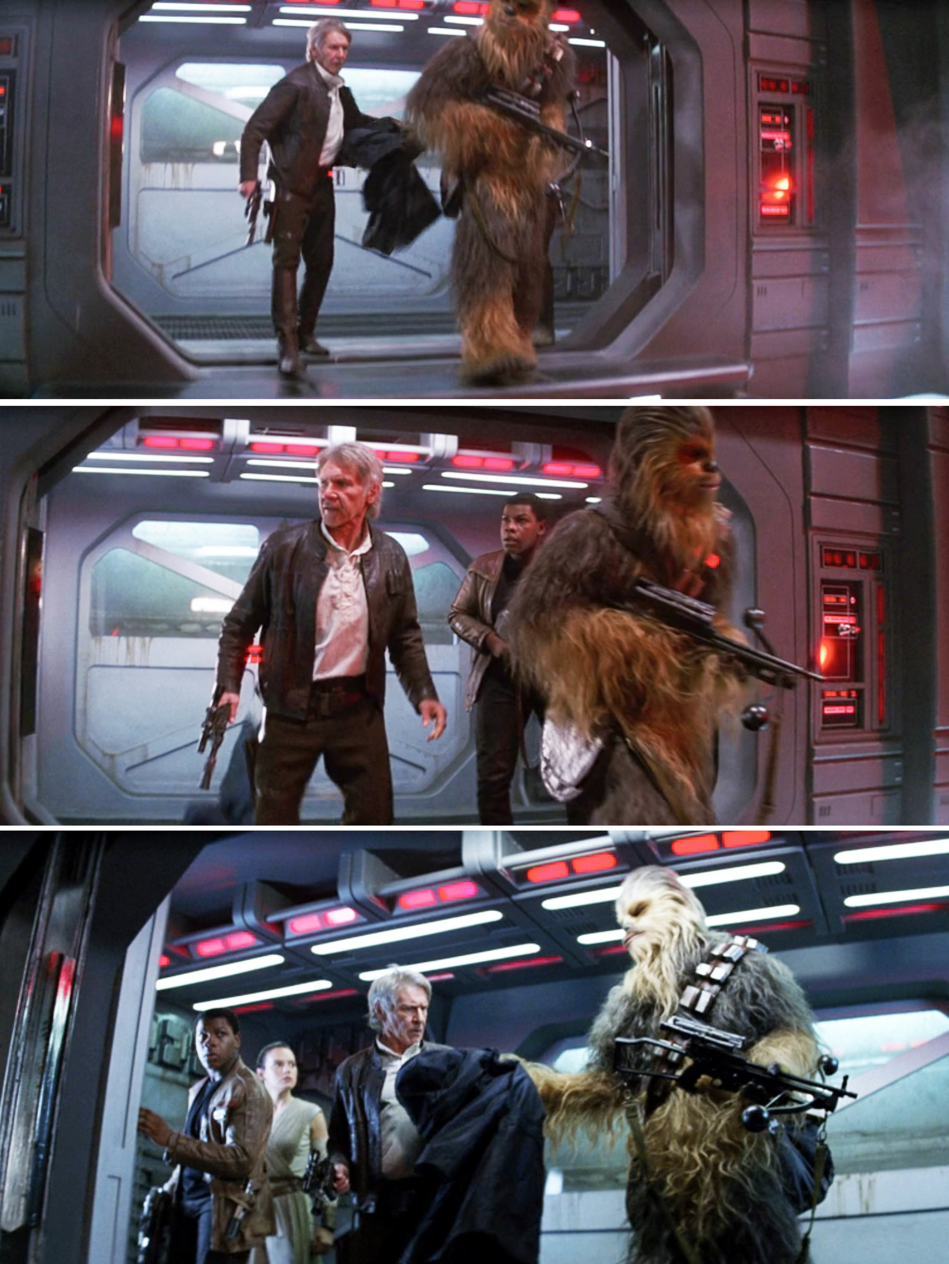 Han Solo, Chewbacca, and Finn in a tense action scene aboard a spaceship