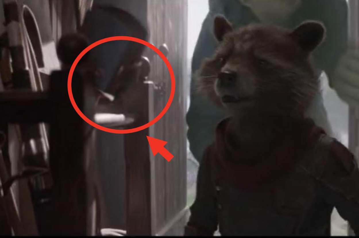 Rocket Raccoon from Guardians of the Galaxy appears alarmed by a creature in the shadows behind glass