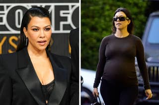 Kourtney Kardashian in a black blazer, and a photo of her holding a bottle, wearing black lingerie with lace details