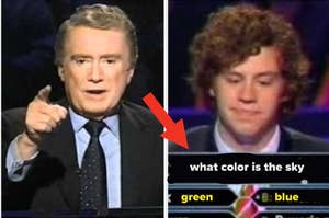 Game show host gesturing, contestant pondering a question, "what color is the sky?" with answer choices visible