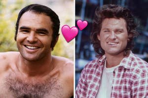 Two side-by-side portraits of Burt Reynolds and Kris Kristofferson with pink hearts between them