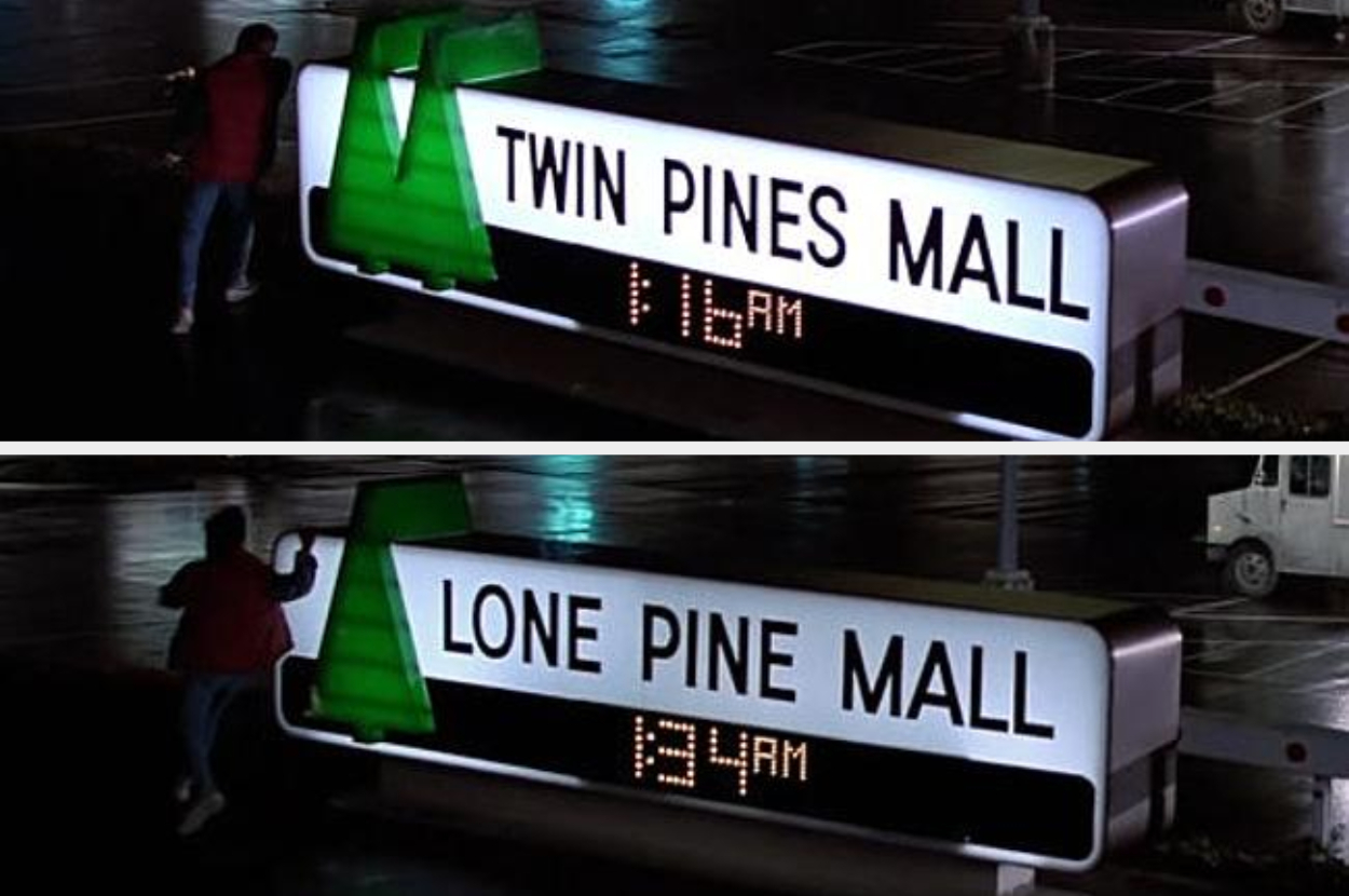 Two side-by-side shots of a mall sign changing from &quot;Twin Pines Mall&quot; to &quot;Lone Pine Mall.&quot;