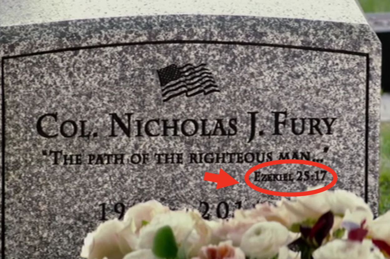 Headstone reading &#x27;Col. Nicholas J. Fury&#x27; with a quote and the Bible verse &#x27;Ezekiel 25:17&#x27; circled