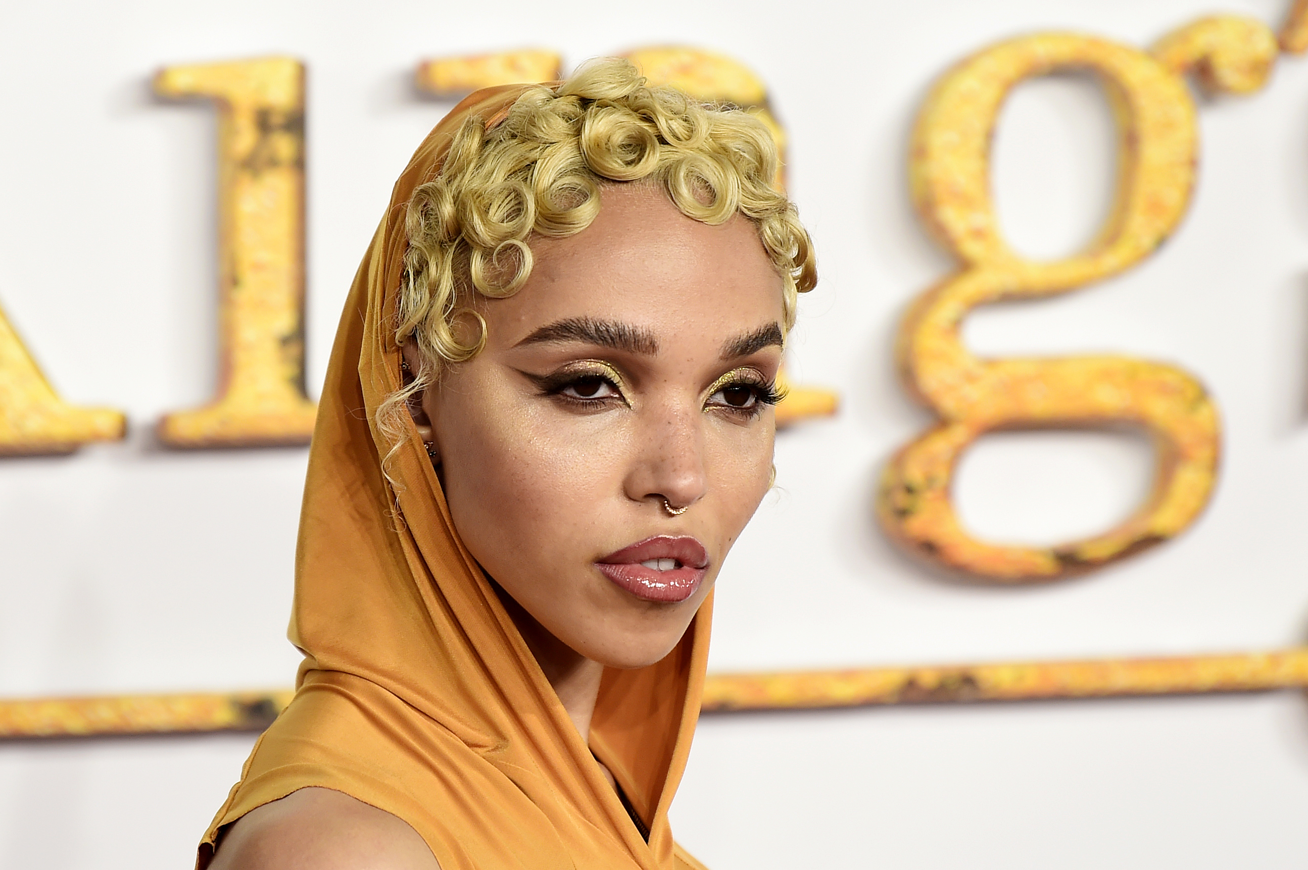 FKA Twigs poses with styled hair and elegant hood on the red carpet