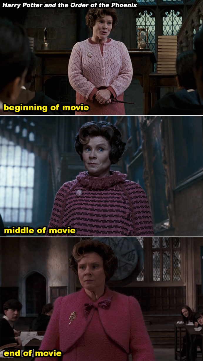 Three stills of Dolores Umbridge from Harry Potter, depicting her outfit&#x27;s evolving darker pink shades through the film