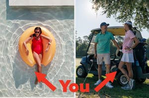Woman on heart-shaped float in pool; two people by golf cart, man in cap, woman in skirt and top