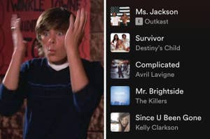 On the left, Zac Efron raising his eyebrows in surprise as Troy in High School Musical, and on the right, a playlist of early 2000s songs by various artists