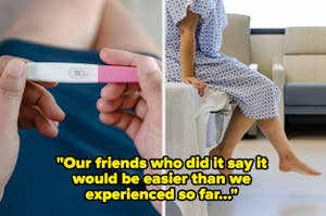 A person holding a positive pregnancy test; a person seated on a bed with text overlay about friends' advice