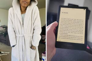 Person in cozy robe on left, Kindle e-reader displaying text on right